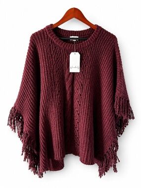 Wonderly Burgundy Cable Knit Fringe Poncho Sweater L/XL Cozy Fall
